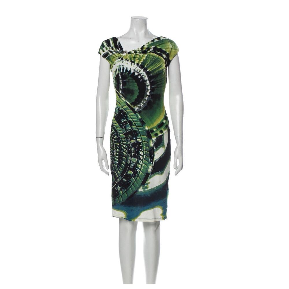 ROBERTO CAVALLI Cocktail Midi Dress Jersey Bodycon Green Print Size MEDIUM IT42